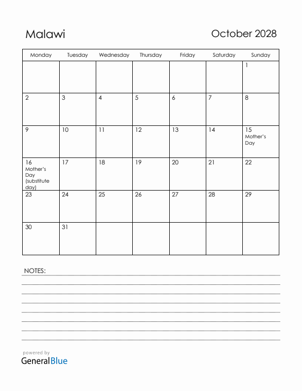 October 2028 Malawi Calendar with Holidays (Monday Start)