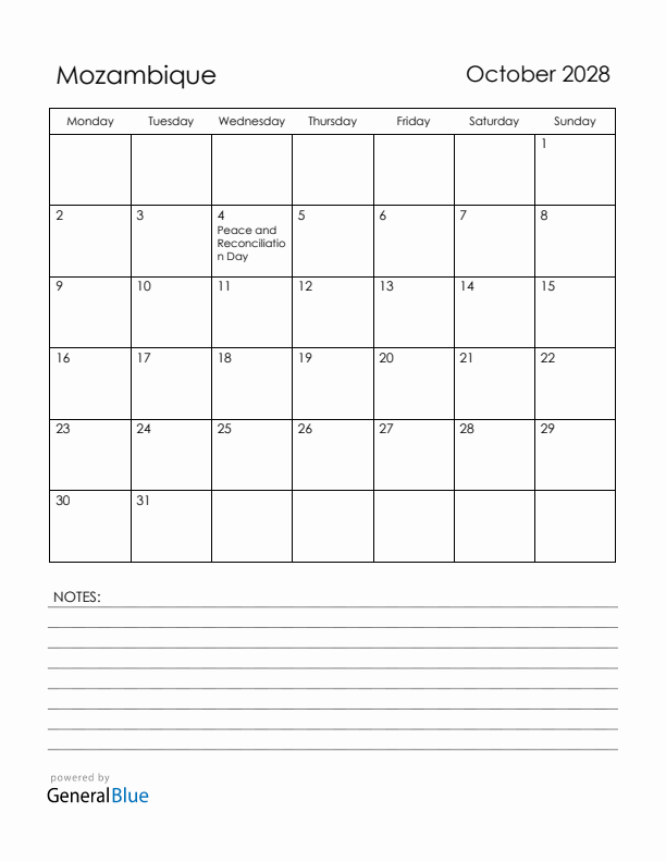 October 2028 Mozambique Calendar with Holidays (Monday Start)