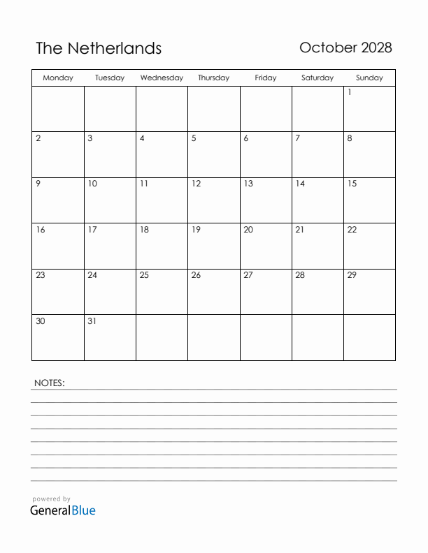 October 2028 The Netherlands Calendar with Holidays (Monday Start)