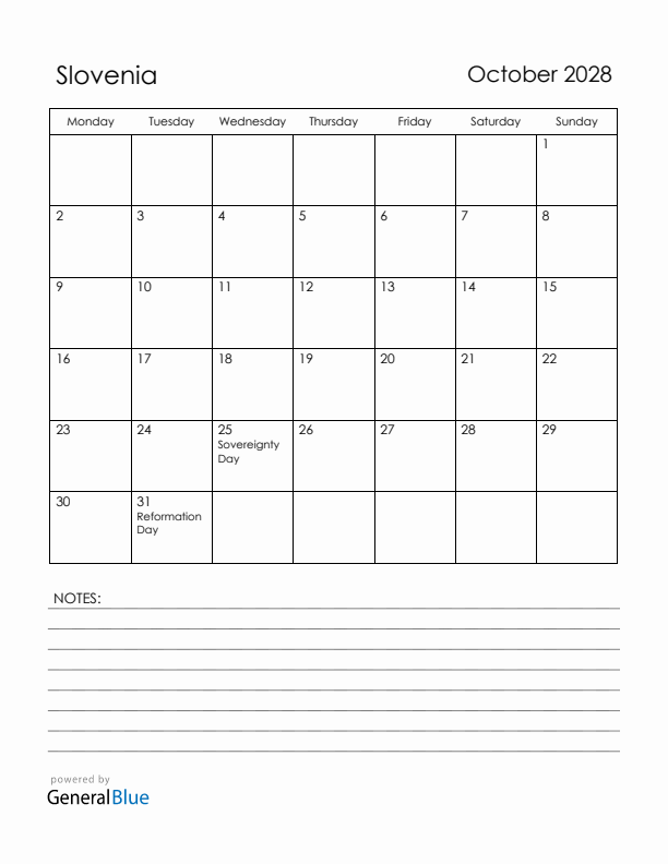 October 2028 Slovenia Calendar with Holidays (Monday Start)