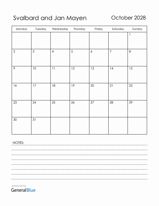 October 2028 Svalbard and Jan Mayen Calendar with Holidays (Monday Start)