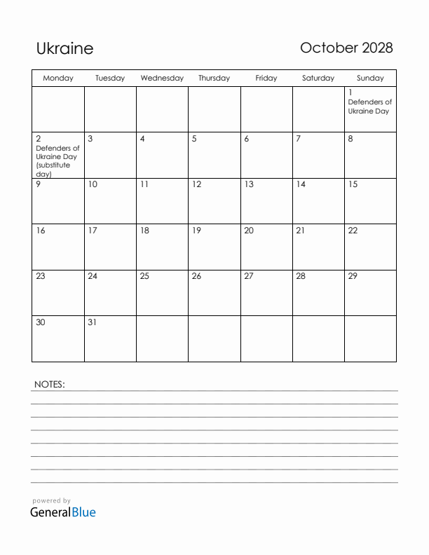 October 2028 Ukraine Calendar with Holidays (Monday Start)