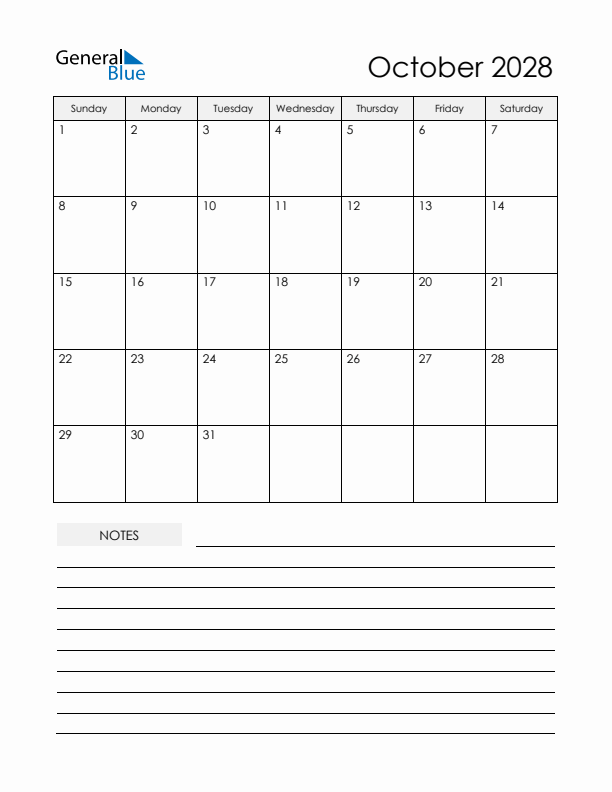 Printable Calendar with Notes - October 2028 