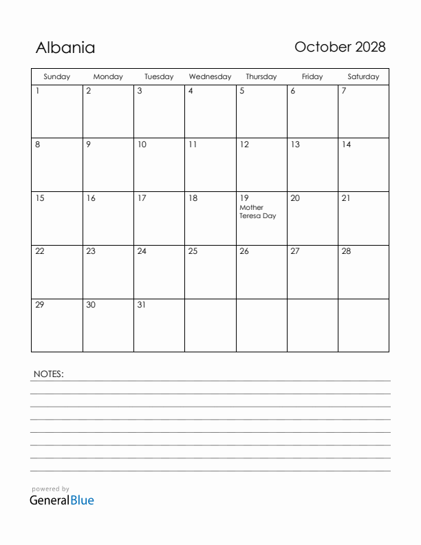 October 2028 Albania Calendar with Holidays (Sunday Start)