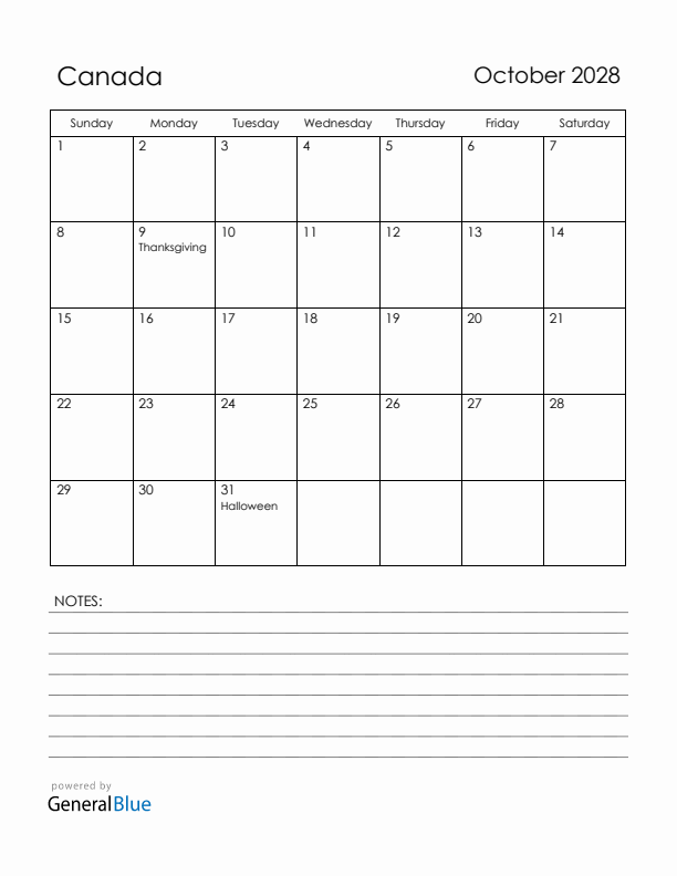 October 2028 Canada Calendar with Holidays (Sunday Start)