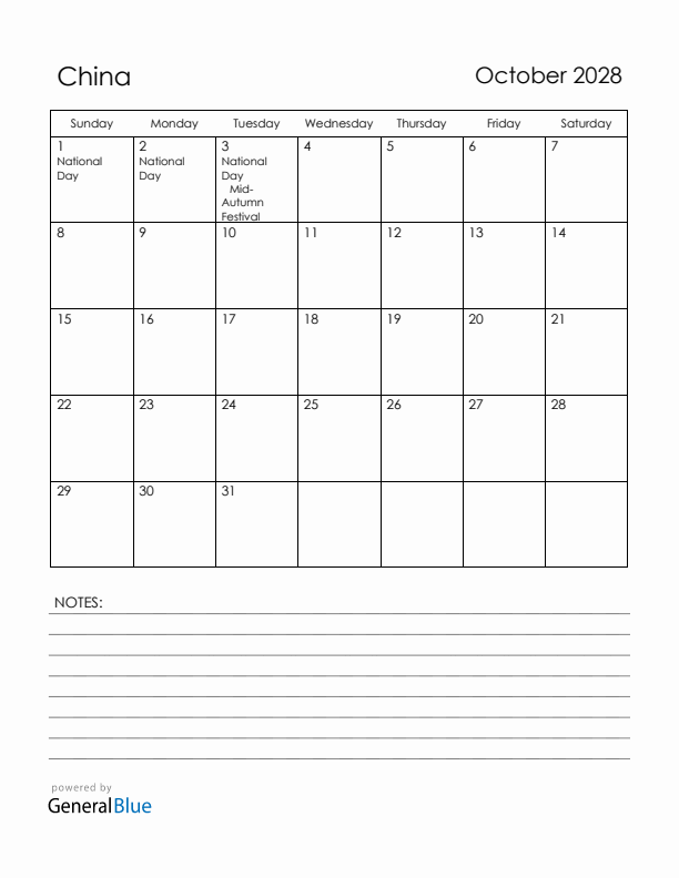 October 2028 China Calendar with Holidays (Sunday Start)