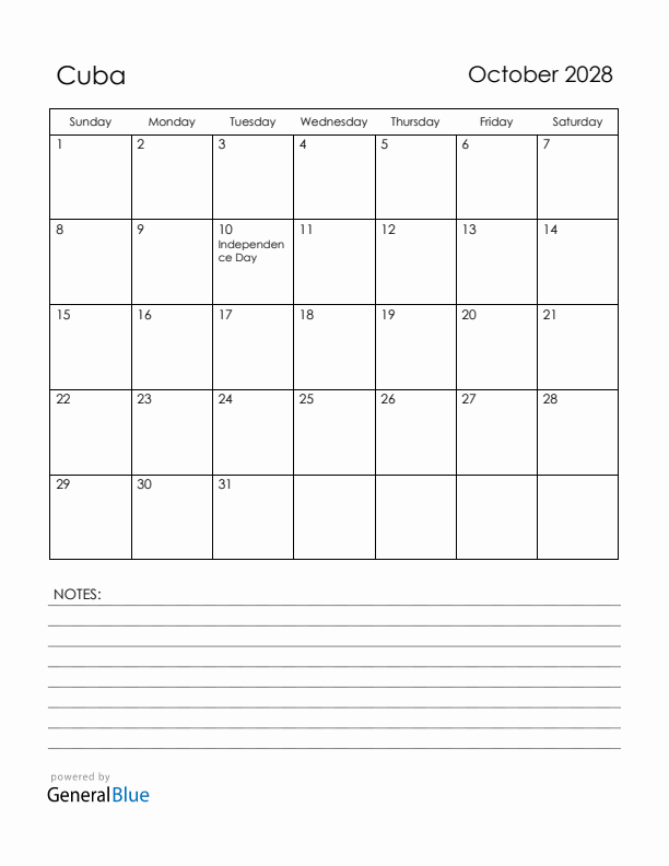 October 2028 Cuba Calendar with Holidays (Sunday Start)