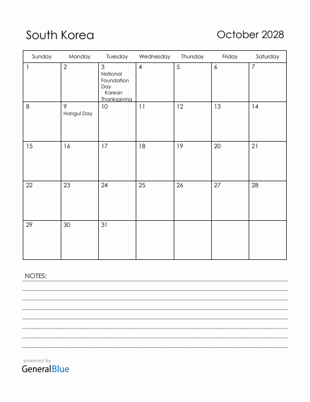 October 2028 South Korea Calendar with Holidays (Sunday Start)