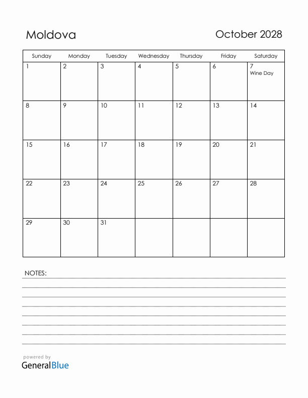 October 2028 Moldova Calendar with Holidays (Sunday Start)