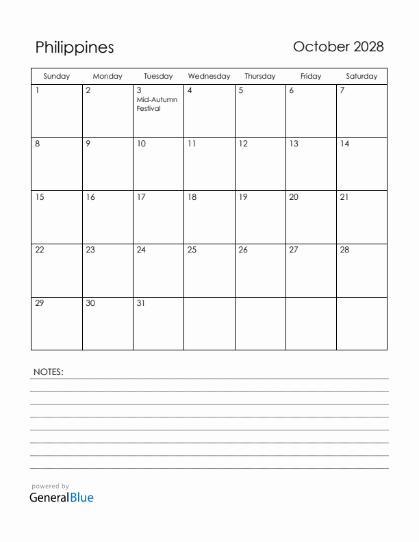 October 2028 Philippines Calendar with Holidays (Sunday Start)