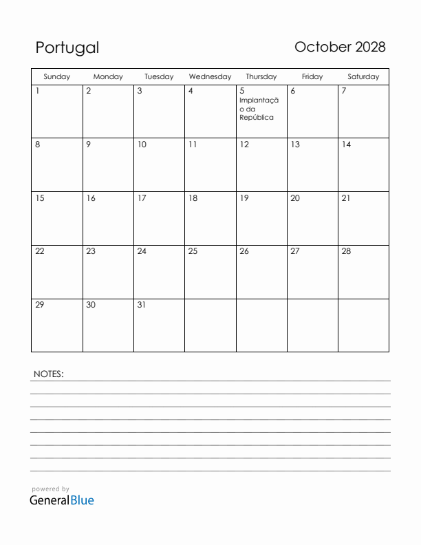 October 2028 Portugal Calendar with Holidays (Sunday Start)