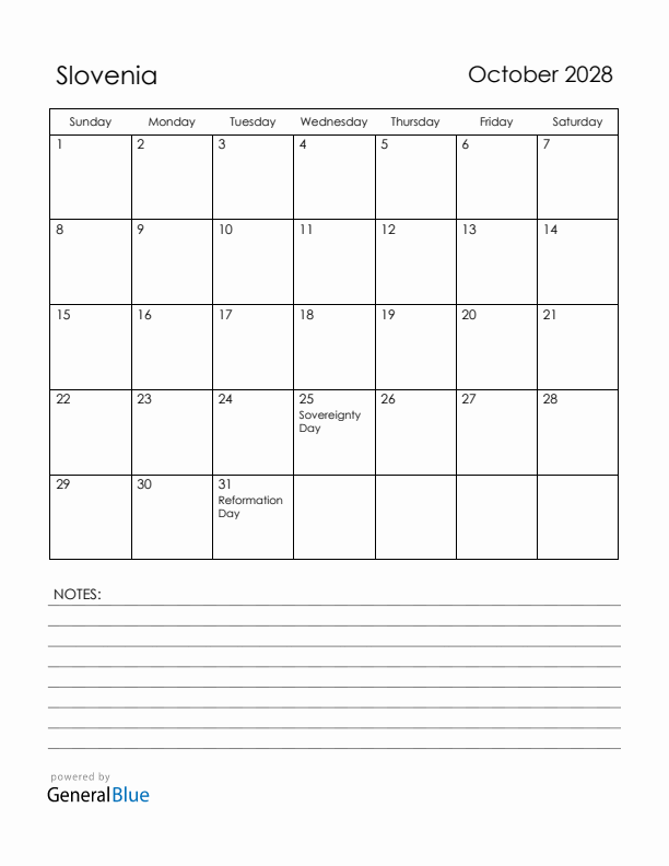 October 2028 Slovenia Calendar with Holidays (Sunday Start)