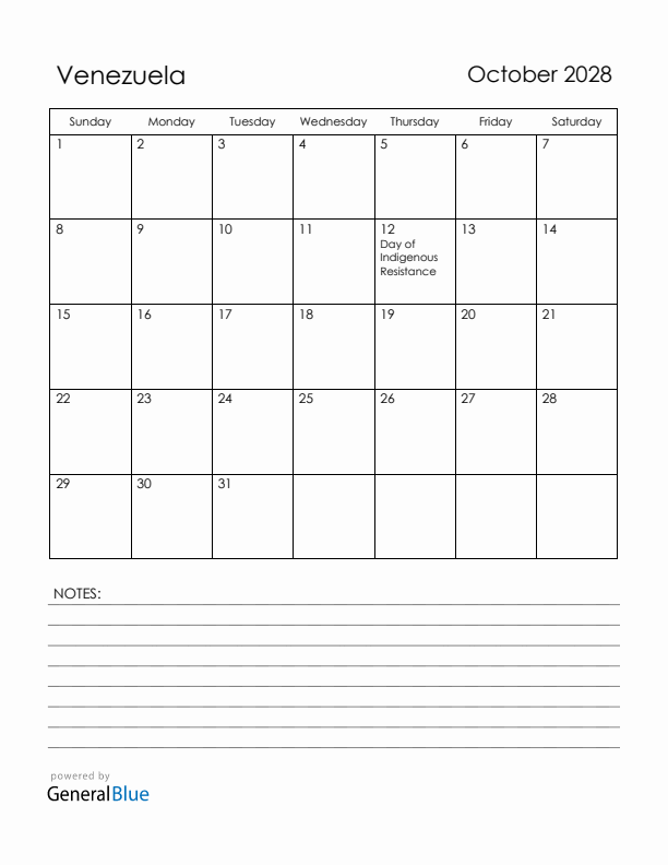 October 2028 Venezuela Calendar with Holidays (Sunday Start)