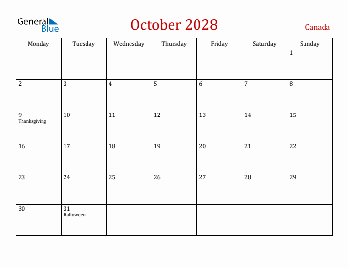 Canada October 2028 Calendar - Monday Start