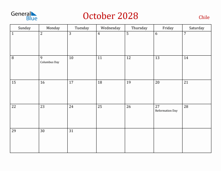 Chile October 2028 Calendar - Sunday Start