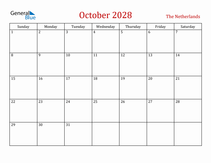 The Netherlands October 2028 Calendar - Sunday Start