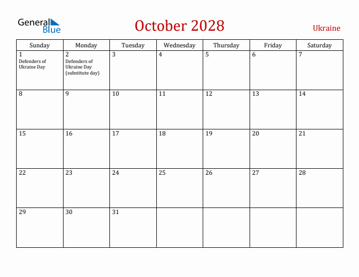 Ukraine October 2028 Calendar - Sunday Start