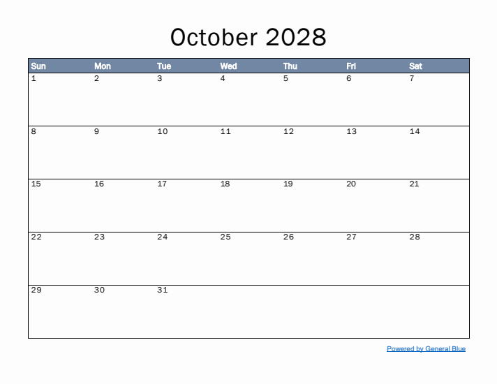 October 2028 Simple Month Calendar Template