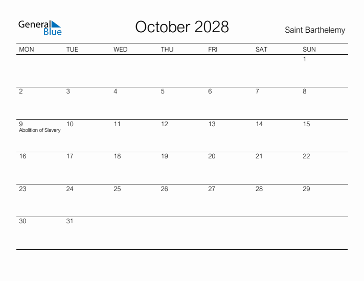 Printable October 2028 Calendar for Saint Barthelemy