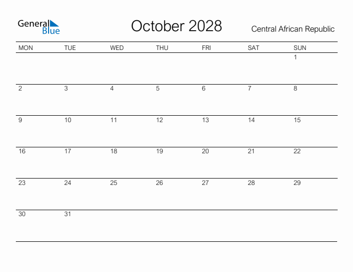 Printable October 2028 Calendar for Central African Republic