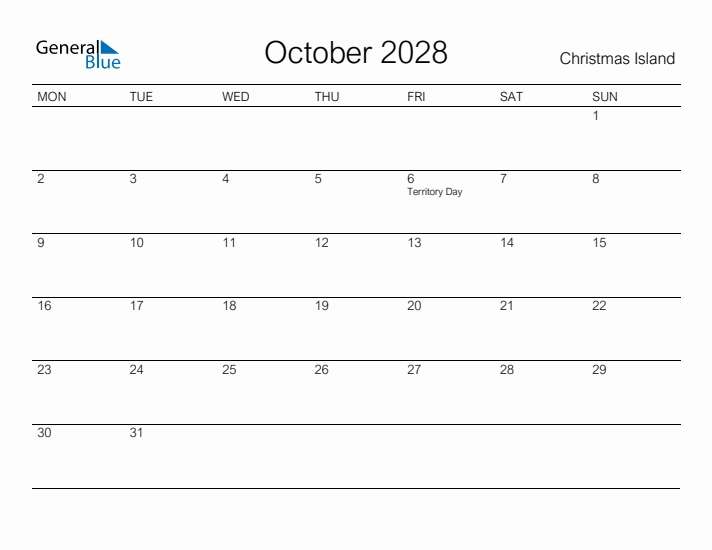 Printable October 2028 Calendar for Christmas Island