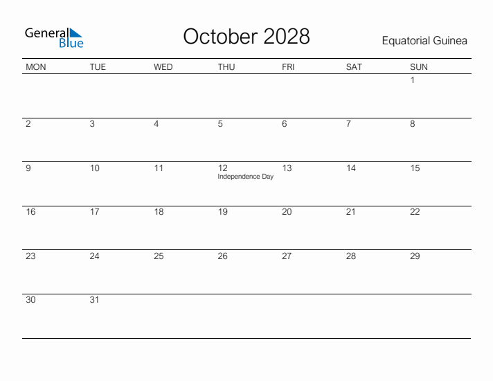 Printable October 2028 Calendar for Equatorial Guinea