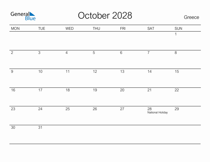 Printable October 2028 Calendar for Greece