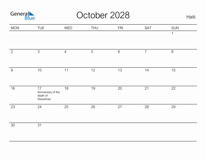 Printable October 2028 Calendar for Haiti