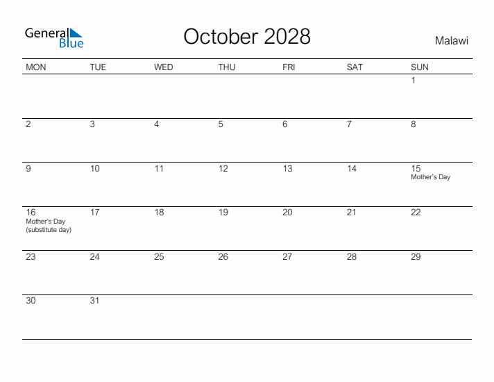 Printable October 2028 Calendar for Malawi