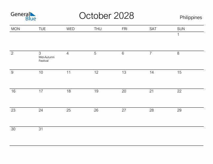 Printable October 2028 Calendar for Philippines