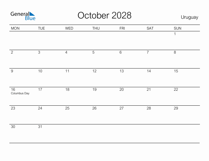 Printable October 2028 Calendar for Uruguay