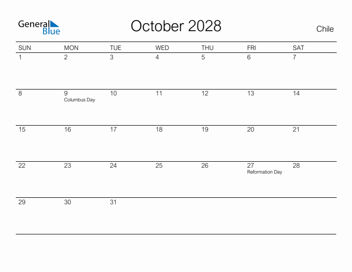 Printable October 2028 Calendar for Chile