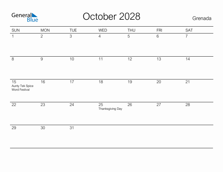 Printable October 2028 Calendar for Grenada