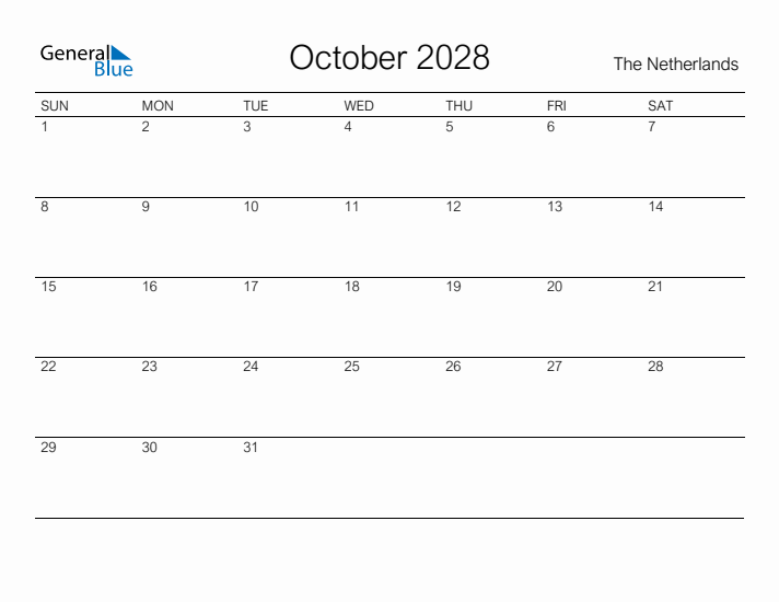 Printable October 2028 Calendar for The Netherlands