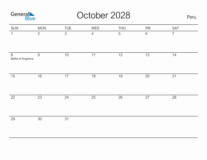 Printable October 2028 Calendar for Peru