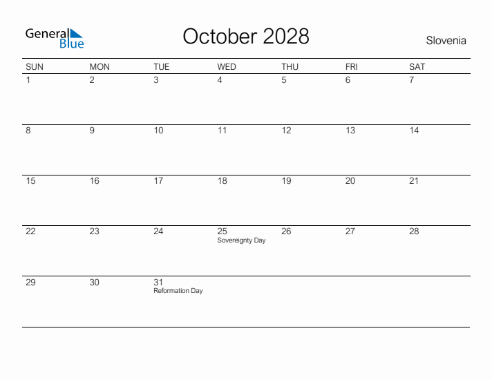 Printable October 2028 Calendar for Slovenia