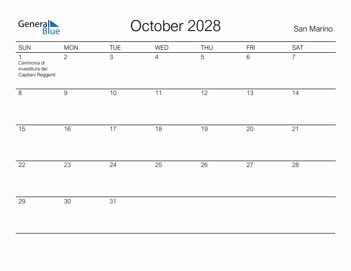 Printable October 2028 Calendar for San Marino