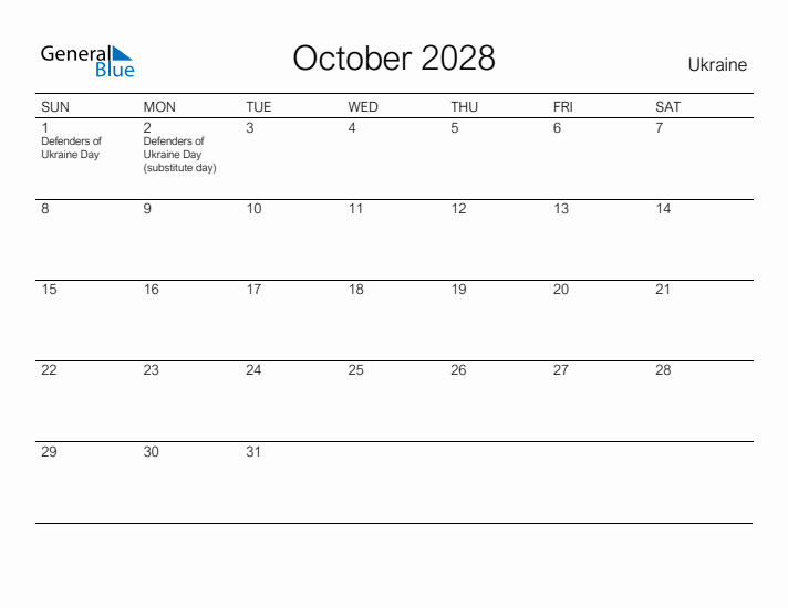 Printable October 2028 Calendar for Ukraine