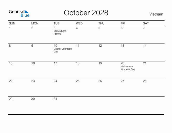 Printable October 2028 Calendar for Vietnam