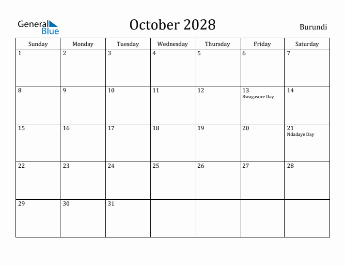 October 2028 Calendar Burundi