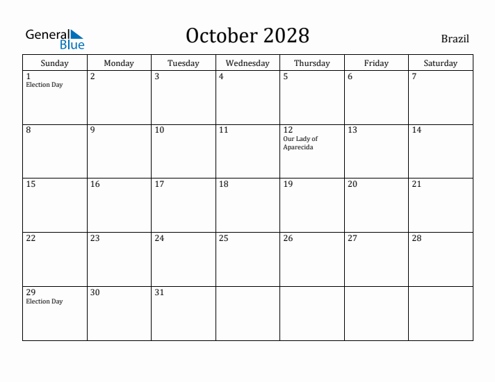 October 2028 Calendar Brazil