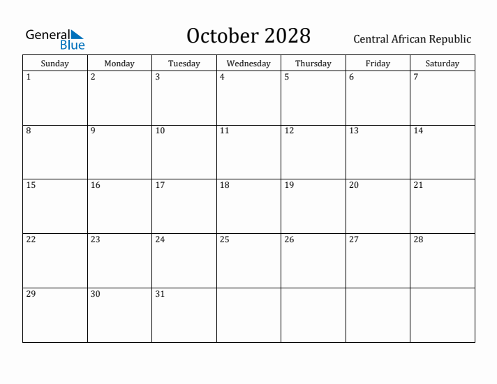 October 2028 Calendar Central African Republic