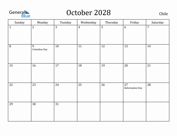 October 2028 Calendar Chile