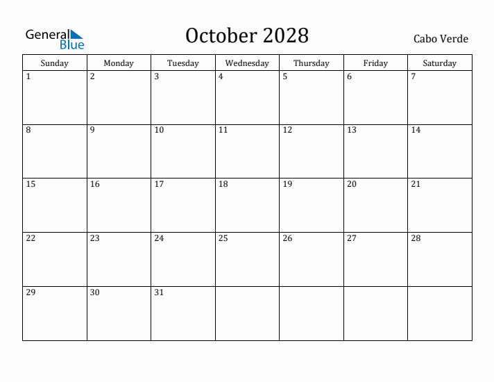 October 2028 Calendar Cabo Verde