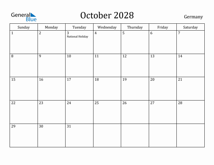 October 2028 Calendar Germany