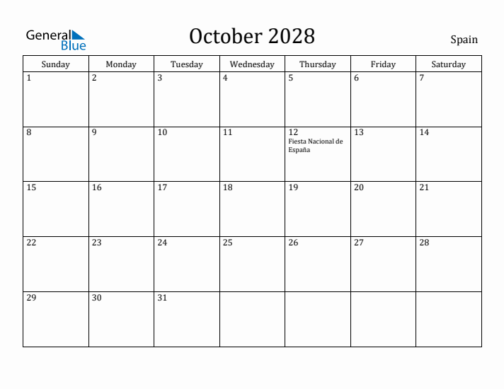 October 2028 Calendar Spain