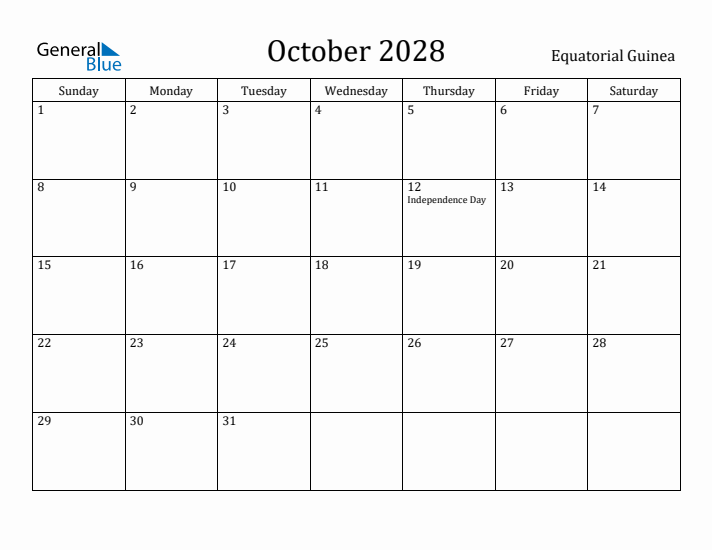 October 2028 Calendar Equatorial Guinea