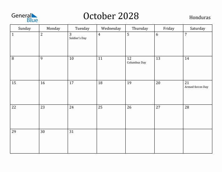 October 2028 Calendar Honduras