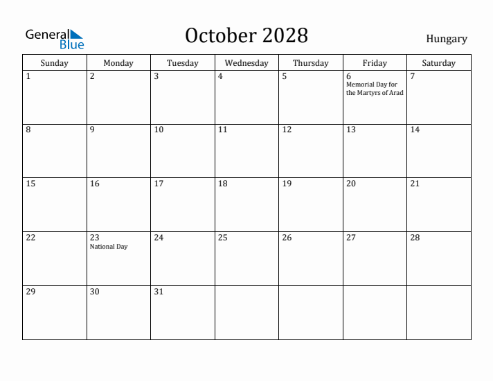 October 2028 Calendar Hungary