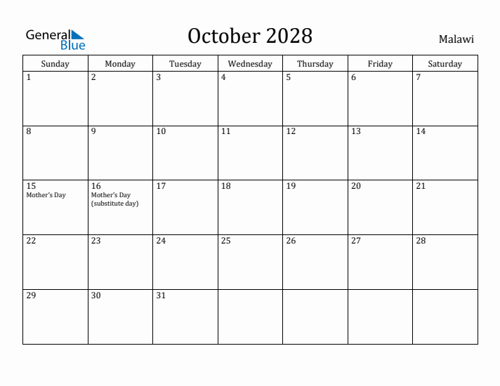 October 2028 Calendar Malawi